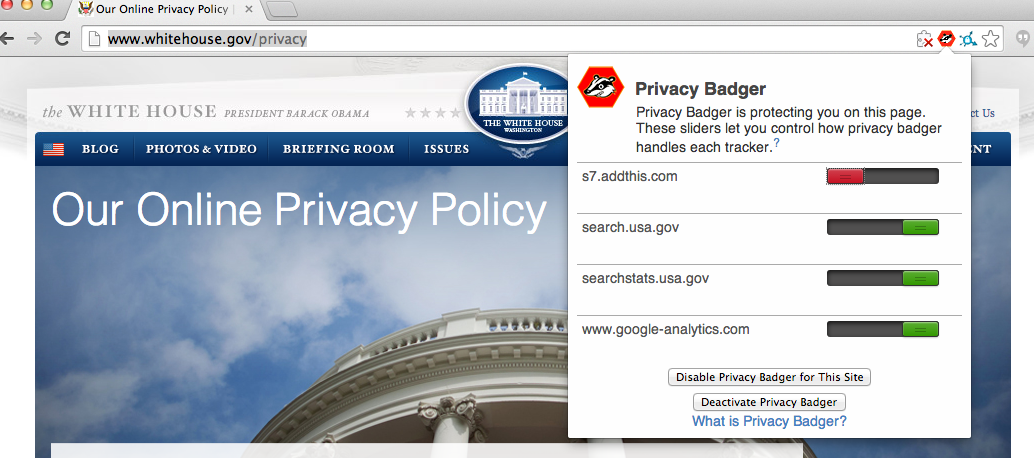 Privacy Badger in action, blocking trackers in the White House privacy policy Privacy Badger in action, blocking trackers in the White House privacy policy