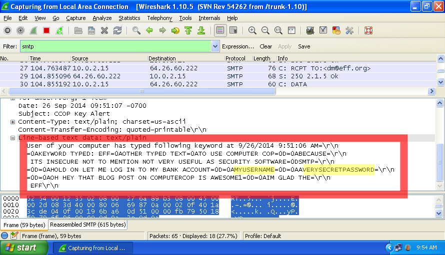 ComputerCOP transmits all keystrokes, including usernames and passwords, unencrypted over the Internet. Image of a packet capture log showing key logs being transmitted unencrypted over the Internet.