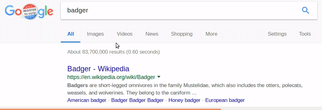 before clicking, it looks normal, but after pressing the mouse button down, it’s swapped out for a Google link shim. Animation of clicking a search result in Firefox