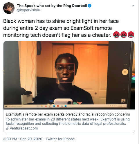 Black woman has to shine bright light in her face during entire 2 day exam so ExamSoft remote monitoring tech doesn’t flag her as a cheater. 🤬🤬🤬"