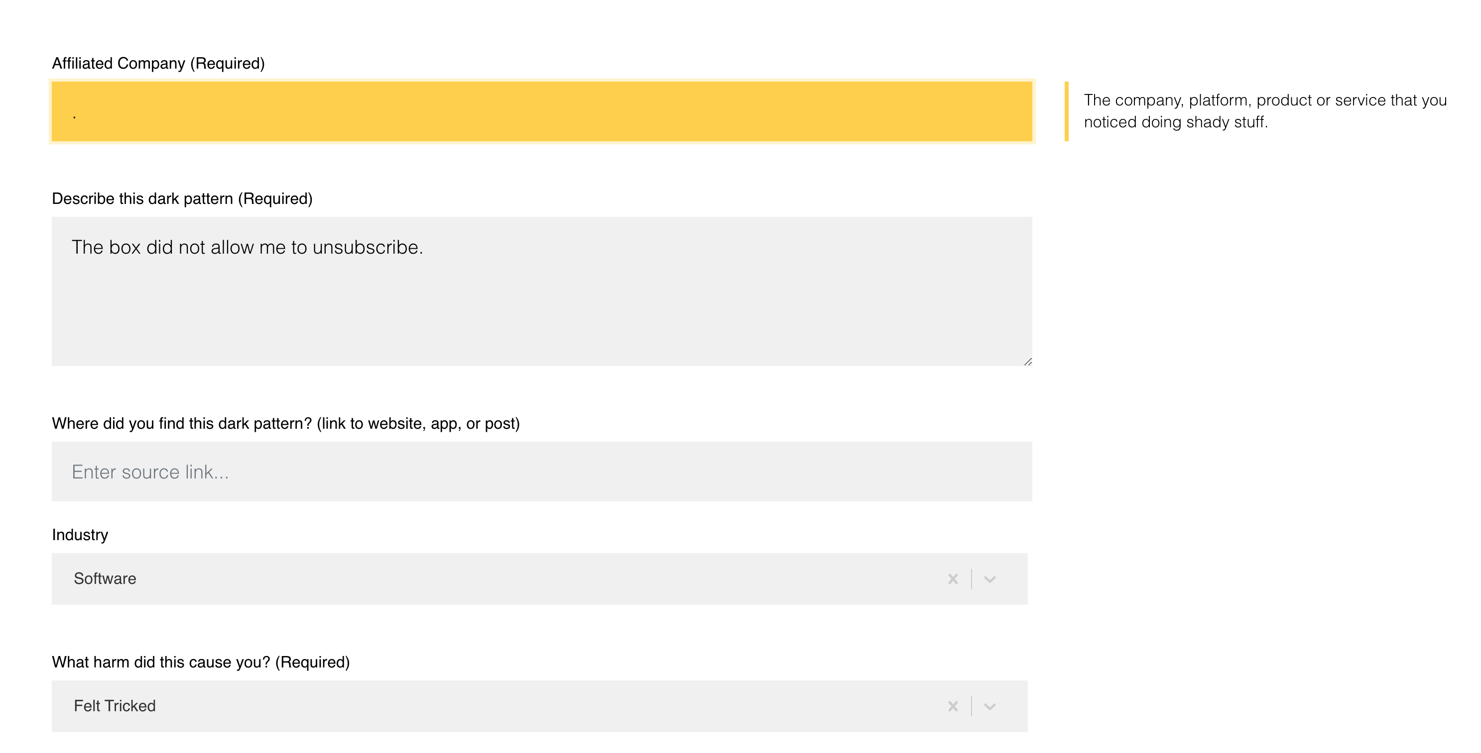 "The box did not allow me to unsubscribe" and the category "felt tricked" selected.