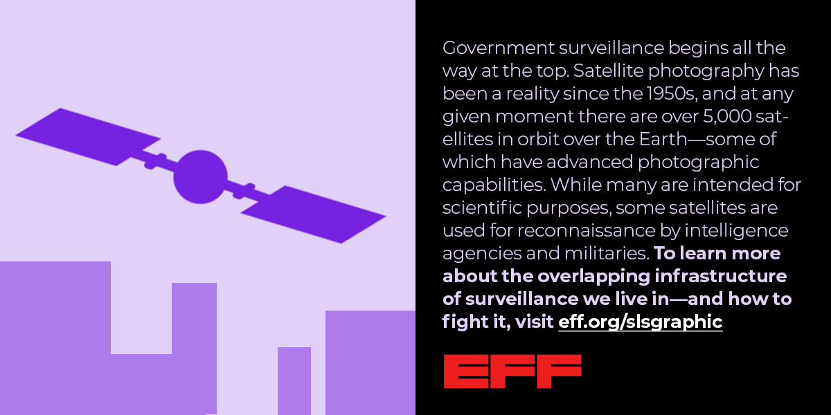 an image of a satellite with the text Government surveillance begins all the way at the top. Satellite photography has been a reality since the 1950s, and at any given moment there are over 5,000 satellites in orbit over the Earth—some of which have advanced photographic capabilities. While many are intended for scientific purposes, some satellites are used for reconnaissance by intelligence agencies and militaries. To learn more about the overlapping infrastructure of surveillance we live in--and how to fight it, visit eff.org/slsgraphic