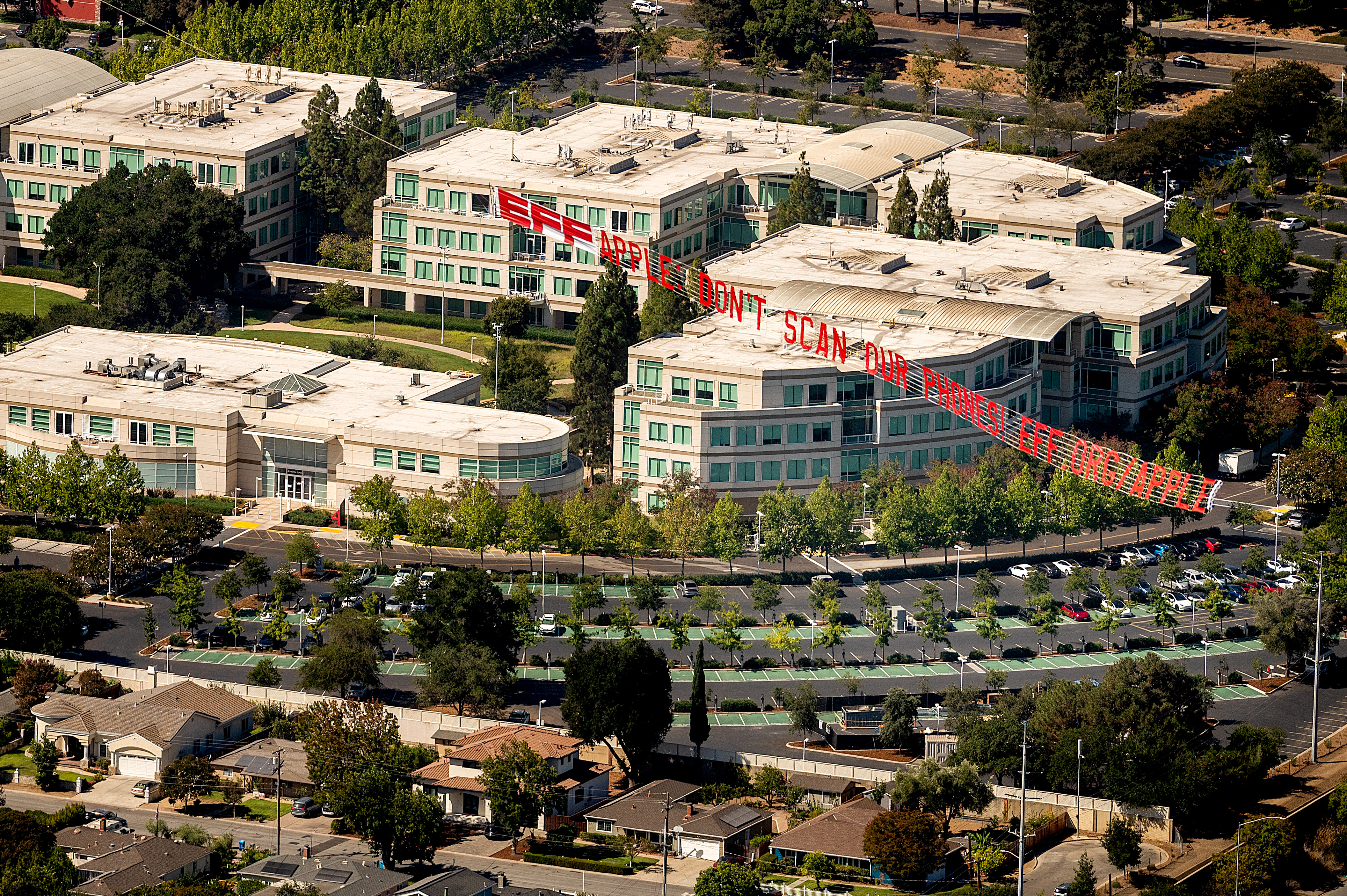 EFF banner flies over the previous Apple headquarters EFF banner flies over the previous Apple headquarters