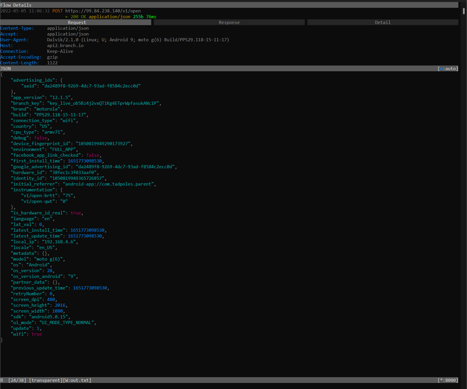 Extensive information sent to branch.io Extensive information sent to branch.io