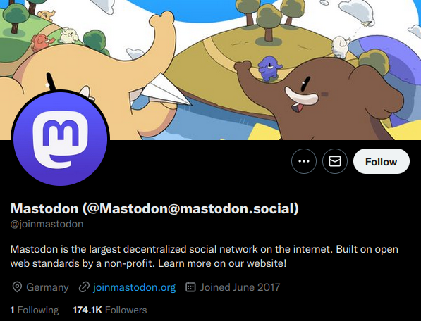 Example, Mastodon's Twitter account including its fediverse handle in the profile name. Twitter profile of joinmastodon, showing fediverse handle in the name