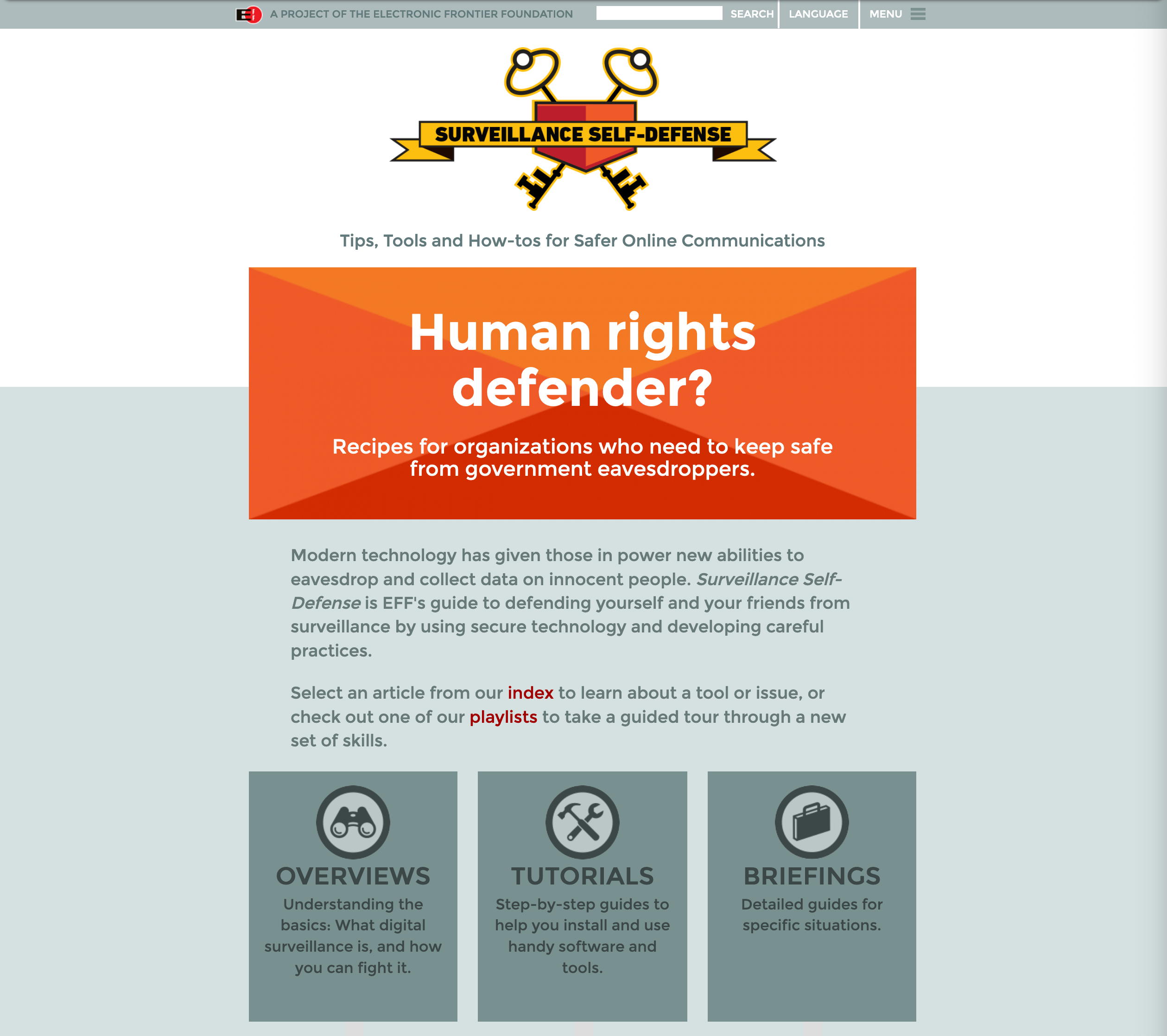 The 2014 relaunch brought a new design along with playlists and many new guides. In 2015 we added the dropdown navigation bars for "Overviews," "Tutorials," and "Briefings." SSD screenshot from 2014, with a logo with two keys, crossed and a block of text
