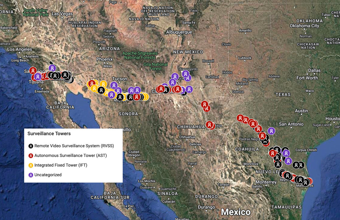 EFF is mapping surveillance at the US-Mexico border A map of the US-Mexico border with multicolored dots representing surveillance towers.