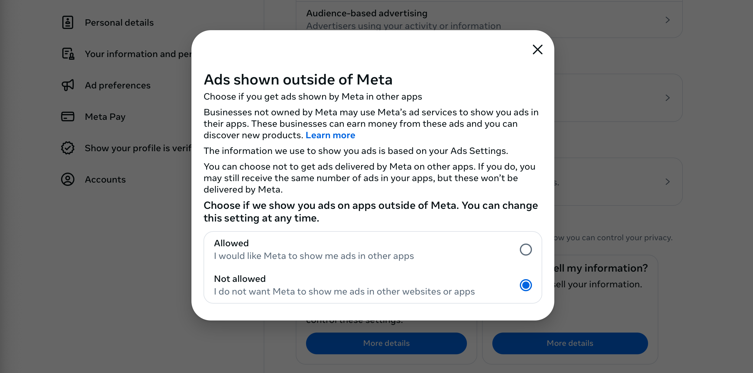 A screenshot of the "Ads outside Meta" setting with the "Not allowed" option selected A screenshot of the "Ads outside Meta" setting with the "Not allowed" option selected