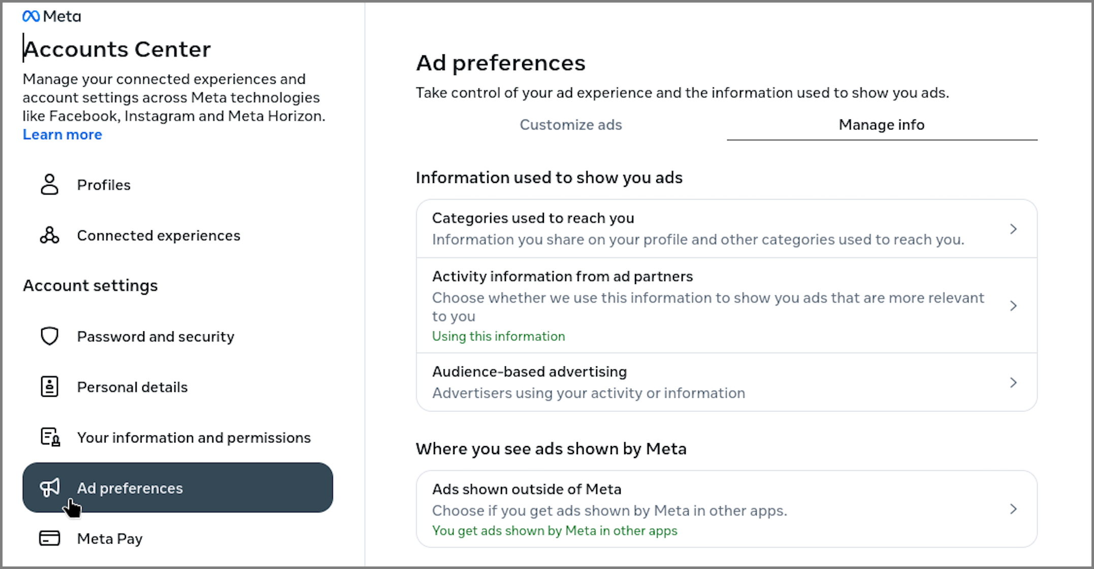 A screenshot of the Meta Accounts Center page. A screenshot of the Meta Accounts Center page.