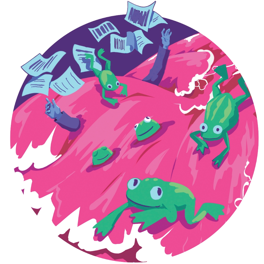 An illustration of frogs and redacted documents washed away by a river of blood. An illustration of frogs and redacted documents washed away by a river of blood.