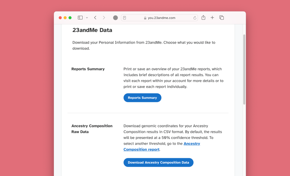 screenshot of 23andme data delete page screenshot of 23andme data delete page