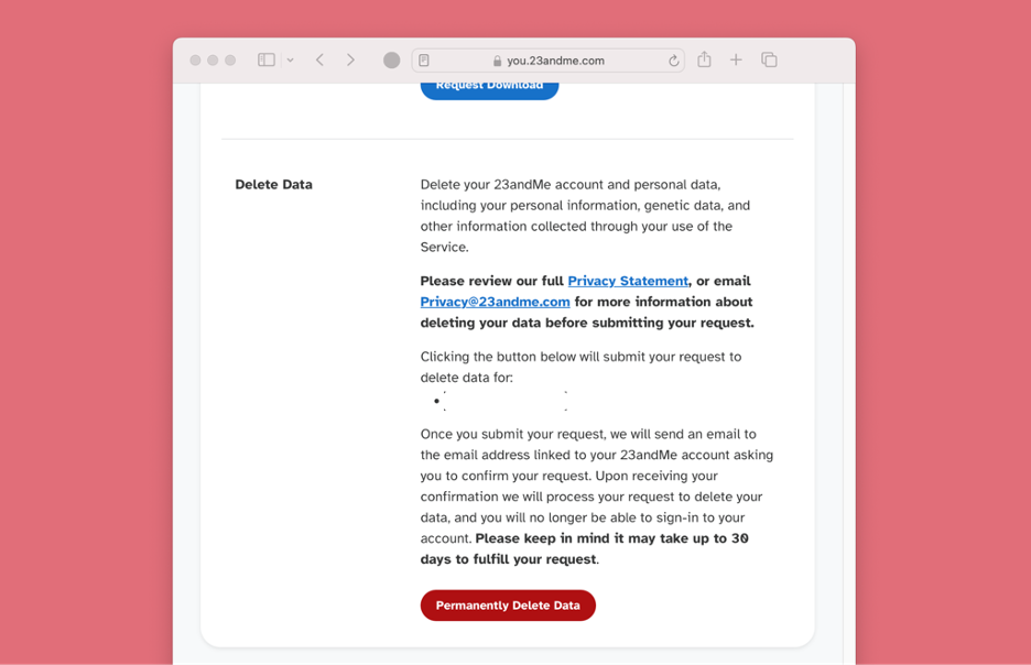 screenshot of 23andme data delete page screenshot of 23andme data delete page